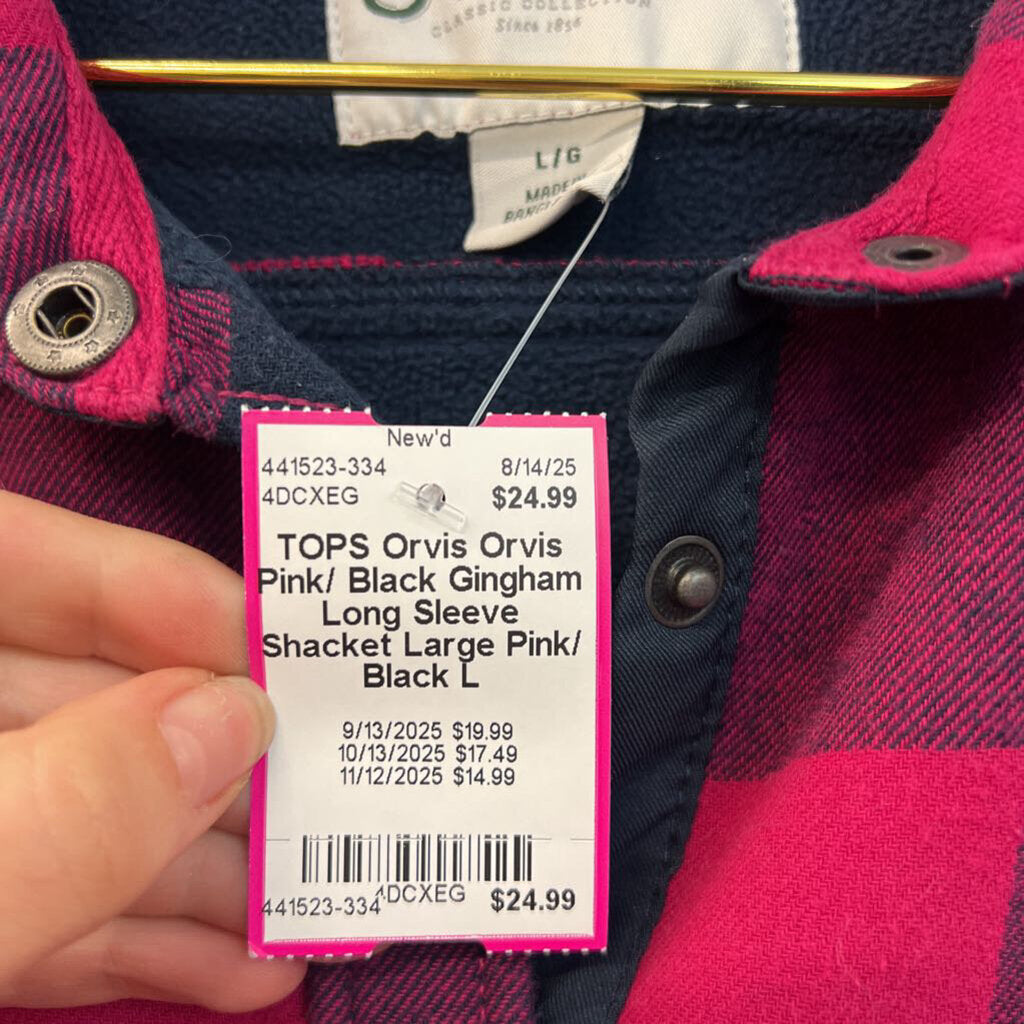 Orvis Pink/ Black Gingham Long Sleeve Shacket Large