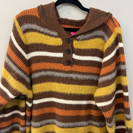 Brown/ Multi Striped Fuzzy Knit Long Sleeve Hooded Sweater Dress Extra Large