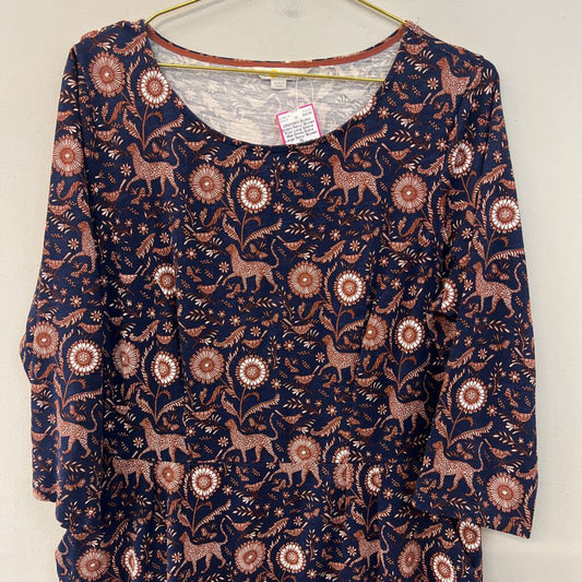 Boden Navy/ Brown Print Long Sleeve Midi Dress Extra Large