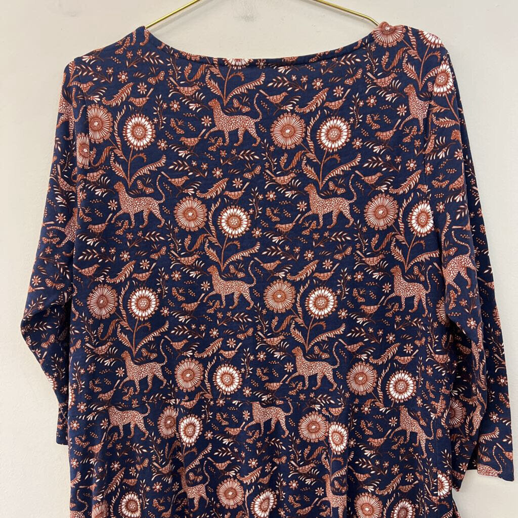 Boden Navy/ Brown Print Long Sleeve Midi Dress Extra Large