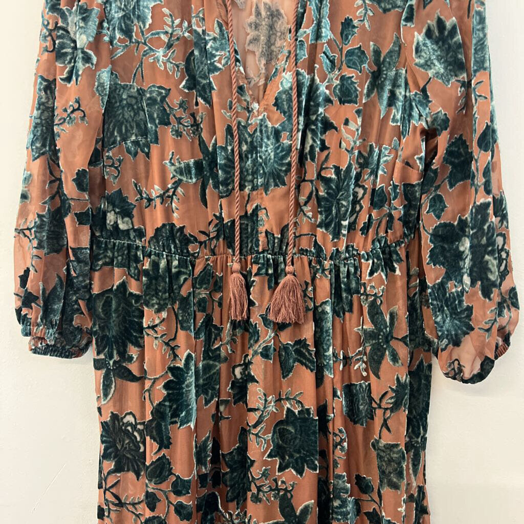 Torrid Brown/ Green Velvet Print Long Sleeve Maxi Dress 0
