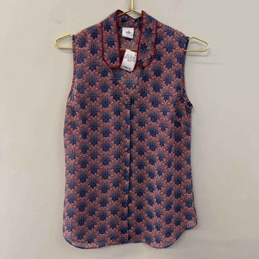 Cabi Sheer Red/ Blue Print Button Front Tank Top Small
