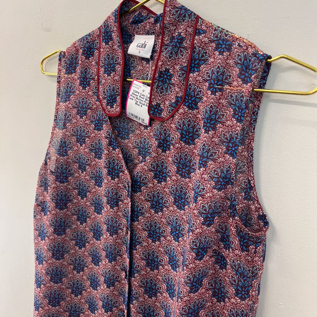 Cabi Sheer Red/ Blue Print Button Front Tank Top Small