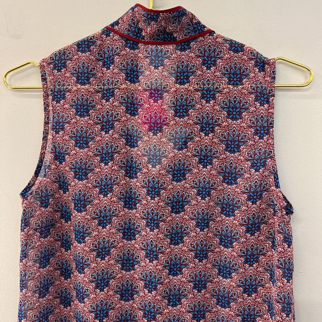 Cabi Sheer Red/ Blue Print Button Front Tank Top Small