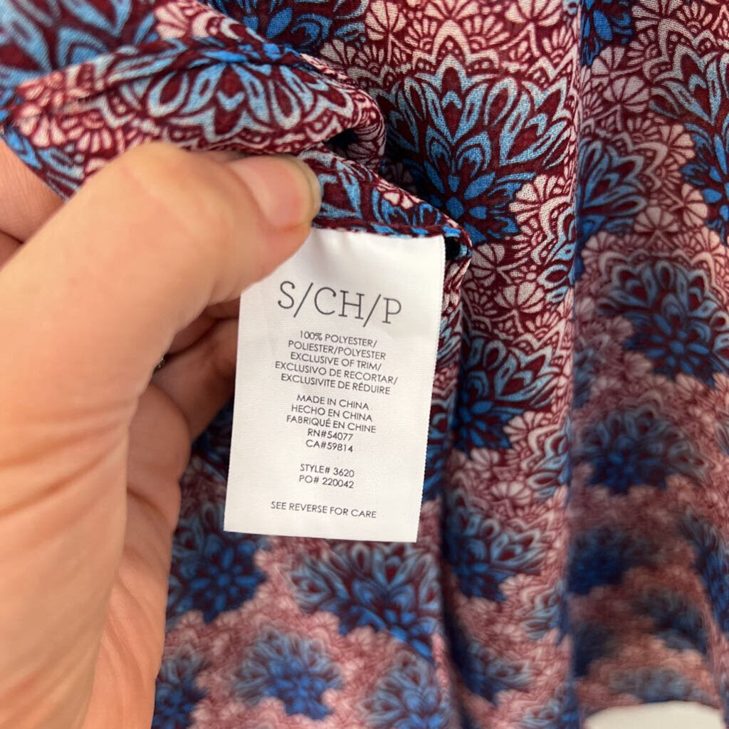 Cabi Sheer Red/ Blue Print Button Front Tank Top Small