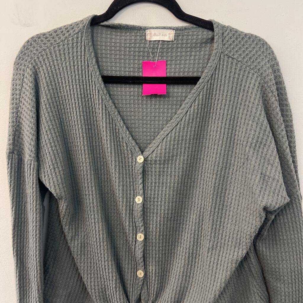 Altar'd State Green Waffle Knit Tie Front Long Sleeve Top Medium