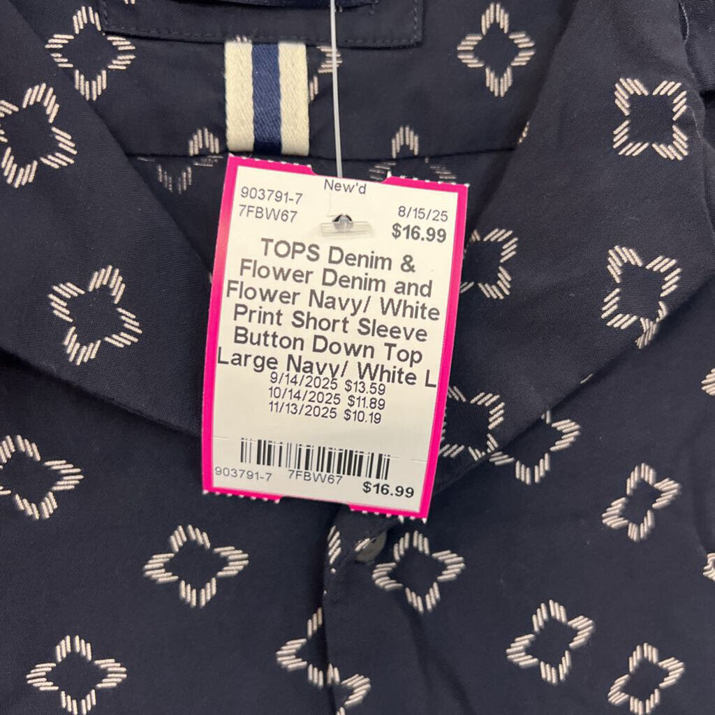 Denim and Flower Navy/ White Print Short Sleeve Button Down Top Large