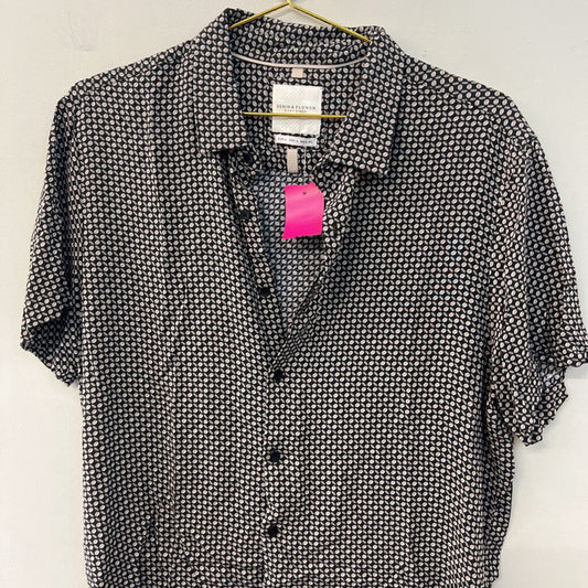 Denim and Flower Brown/ Beige Print Short Sleeve Button Down Top Large