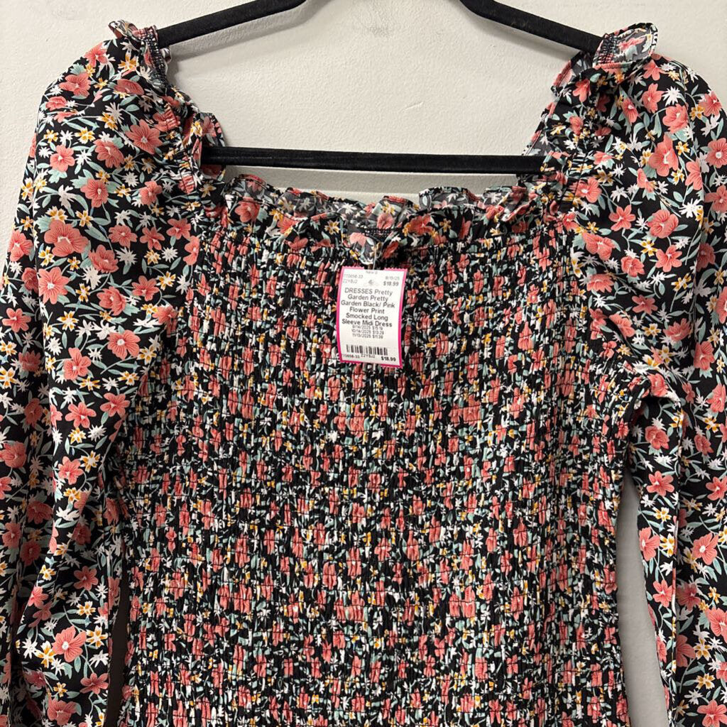 Pretty Garden Black/ Pink Flower Print Smocked Long Sleeve Midi Dress Medium