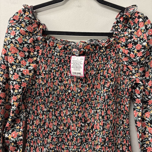 Pretty Garden Black/ Pink Flower Print Smocked Long Sleeve Midi Dress Medium