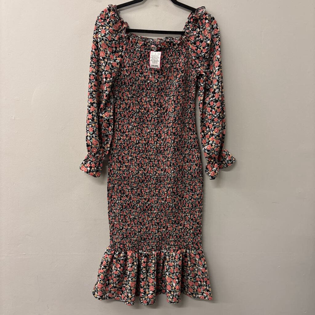 Pretty Garden Black/ Pink Flower Print Smocked Long Sleeve Midi Dress Medium