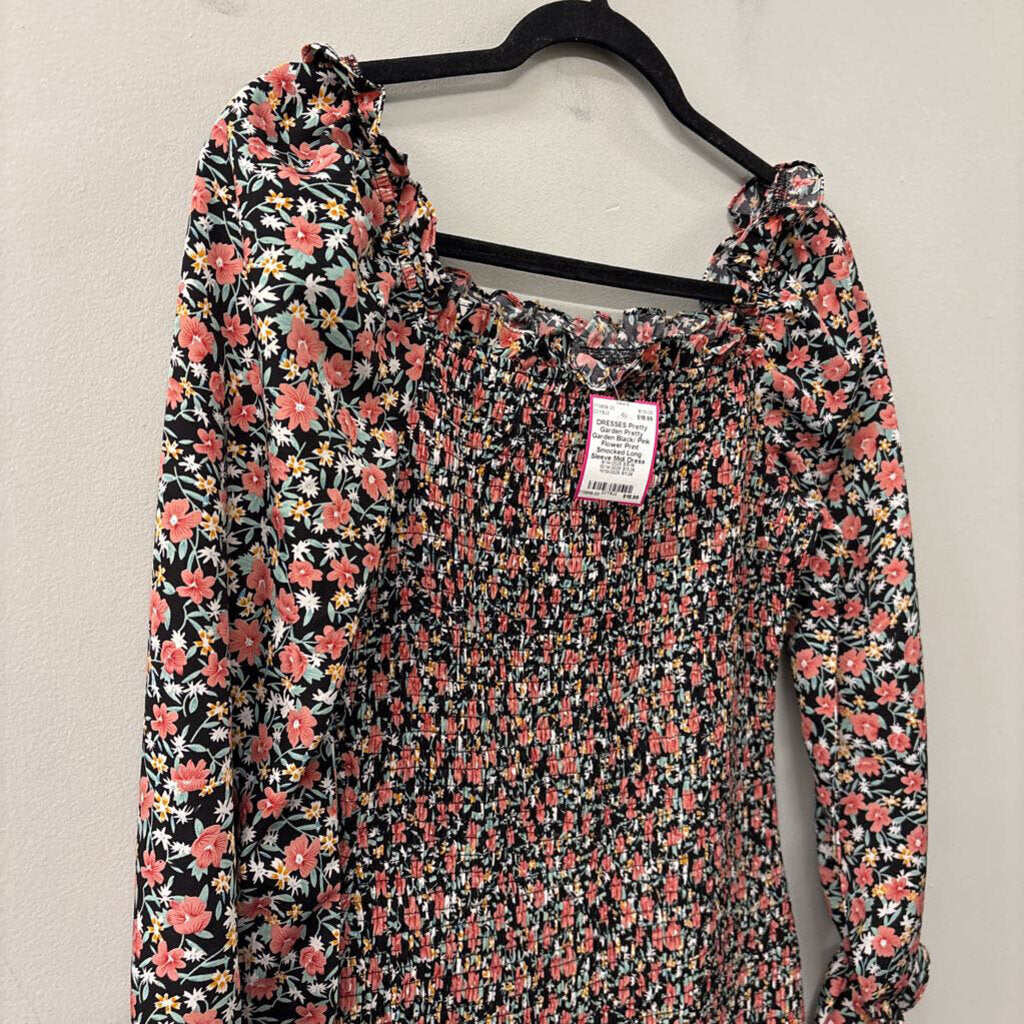 Pretty Garden Black/ Pink Flower Print Smocked Long Sleeve Midi Dress Medium