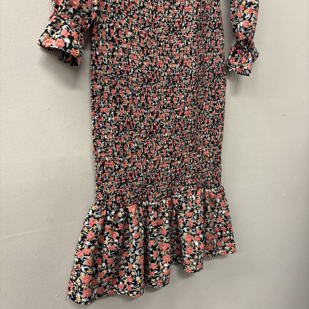 Pretty Garden Black/ Pink Flower Print Smocked Long Sleeve Midi Dress Medium