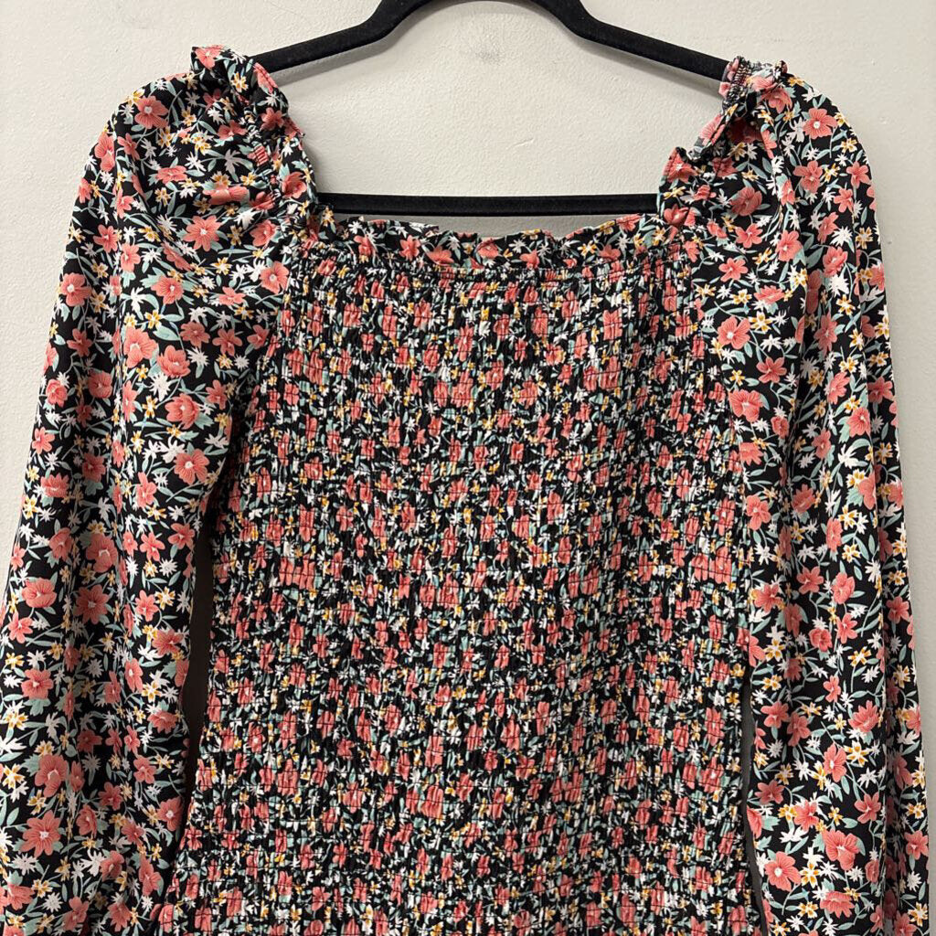 Pretty Garden Black/ Pink Flower Print Smocked Long Sleeve Midi Dress Medium