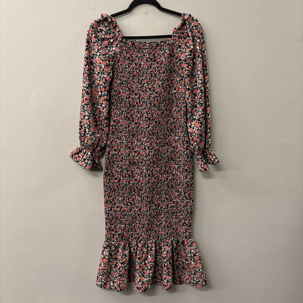 Pretty Garden Black/ Pink Flower Print Smocked Long Sleeve Midi Dress Medium