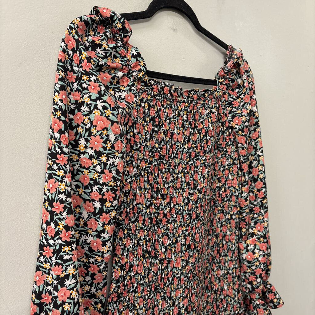 Pretty Garden Black/ Pink Flower Print Smocked Long Sleeve Midi Dress Medium