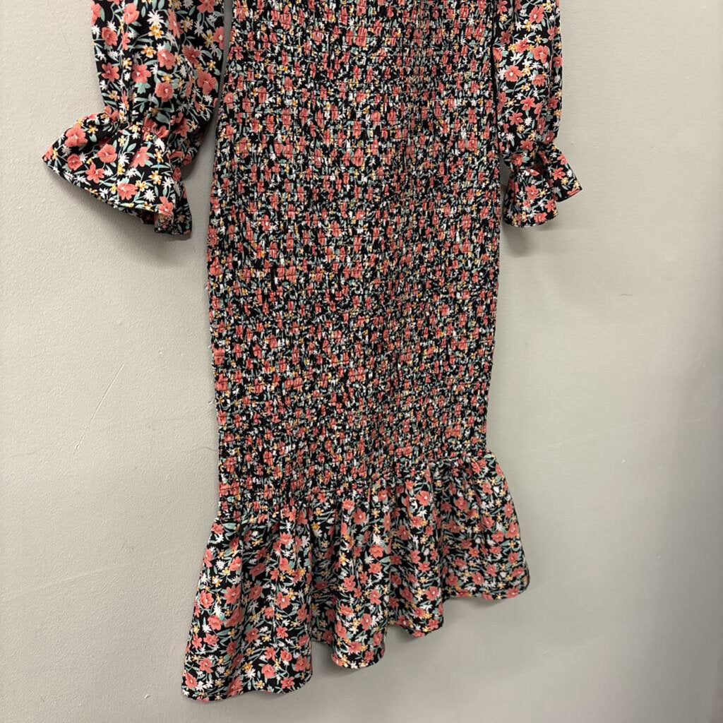 Pretty Garden Black/ Pink Flower Print Smocked Long Sleeve Midi Dress Medium