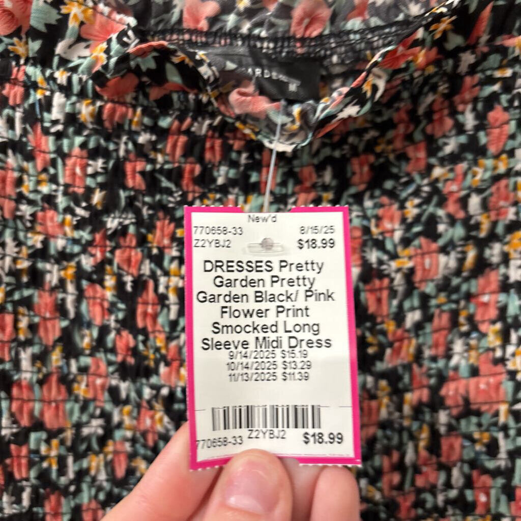 Pretty Garden Black/ Pink Flower Print Smocked Long Sleeve Midi Dress Medium