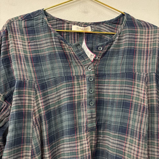 Mustard Seed Green/ Navy Plaid Long Sleeve Top Medium