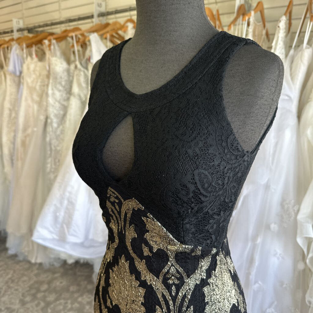 Vintage Black Lace Top Gold Lamay Printed Skirt Formal Small