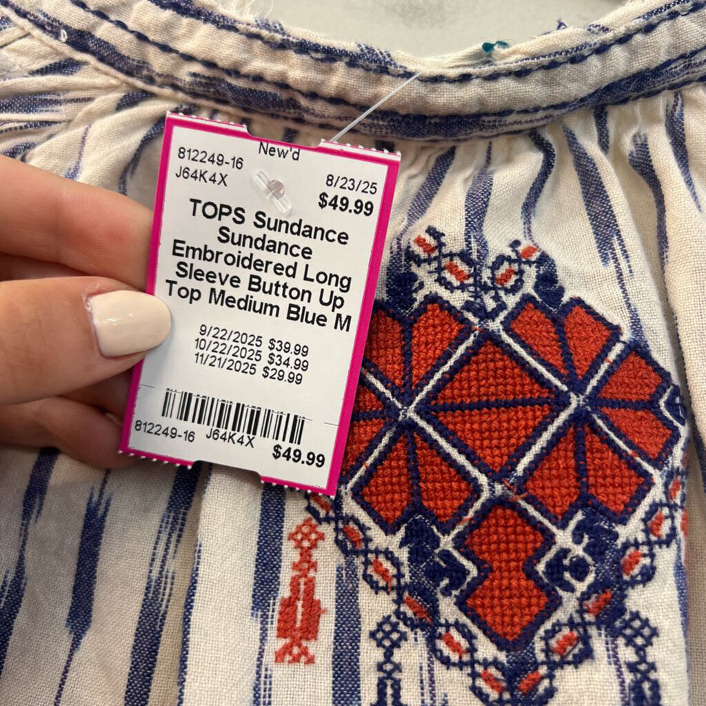 Sundance Embroidered Long Sleeve Button Up Top Medium
