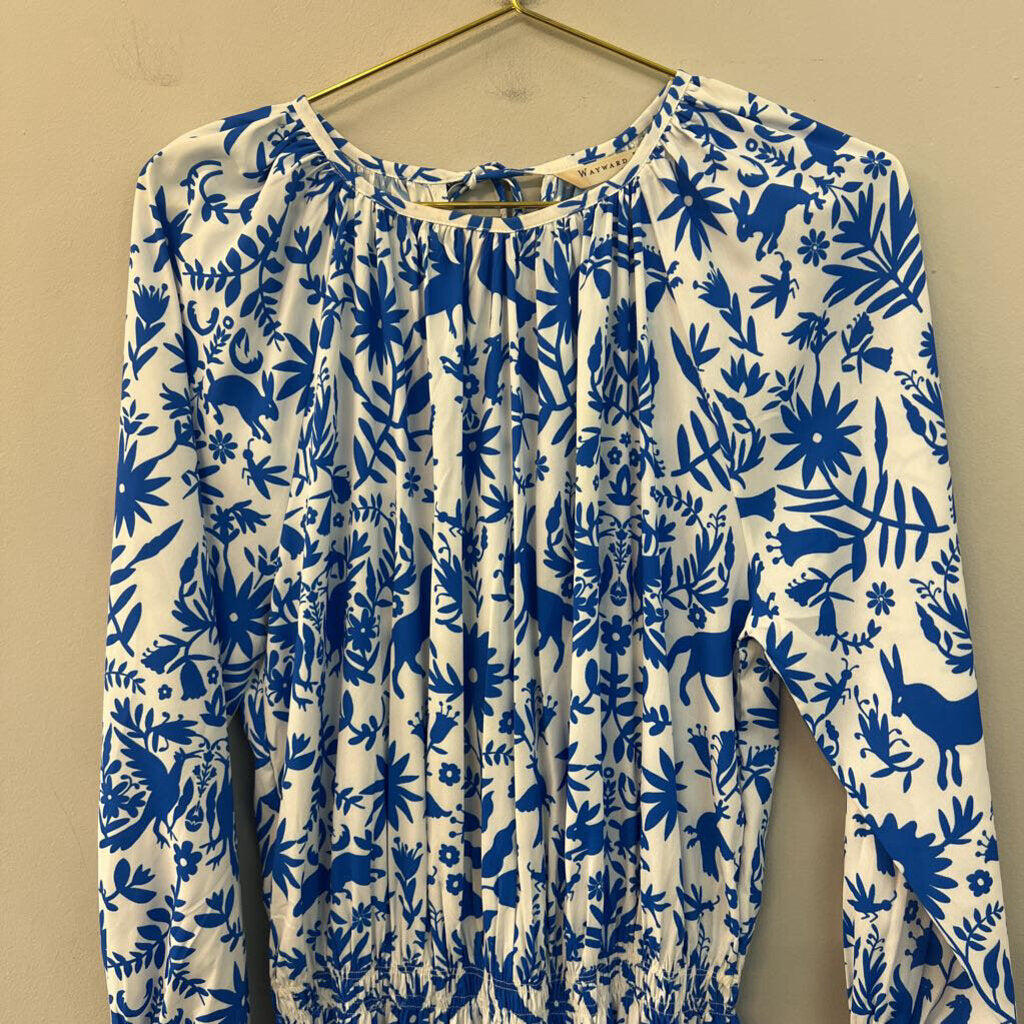 Wayward Fancies White/ Blue Print Long Sleeve Midi Dress Medium