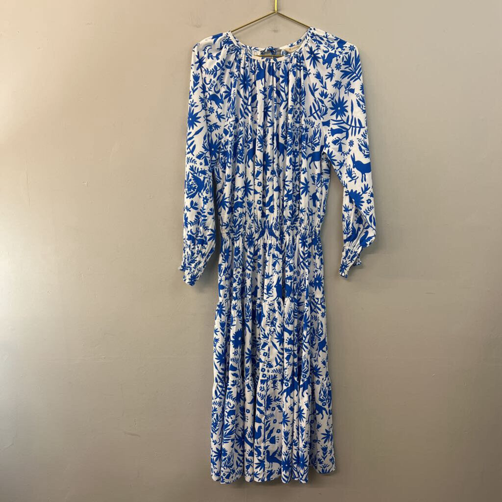 Wayward Fancies White/ Blue Print Long Sleeve Midi Dress Medium