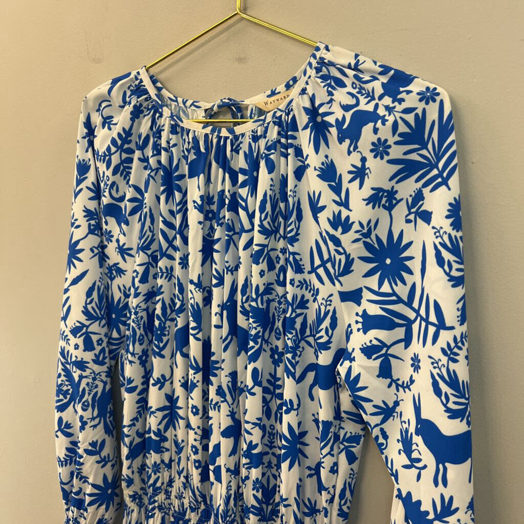 Wayward Fancies White/ Blue Print Long Sleeve Midi Dress Medium