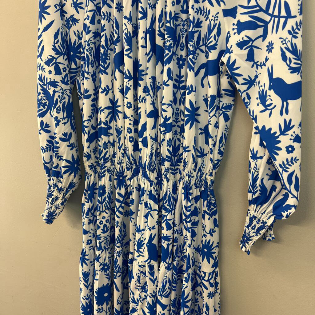 Wayward Fancies White/ Blue Print Long Sleeve Midi Dress Medium