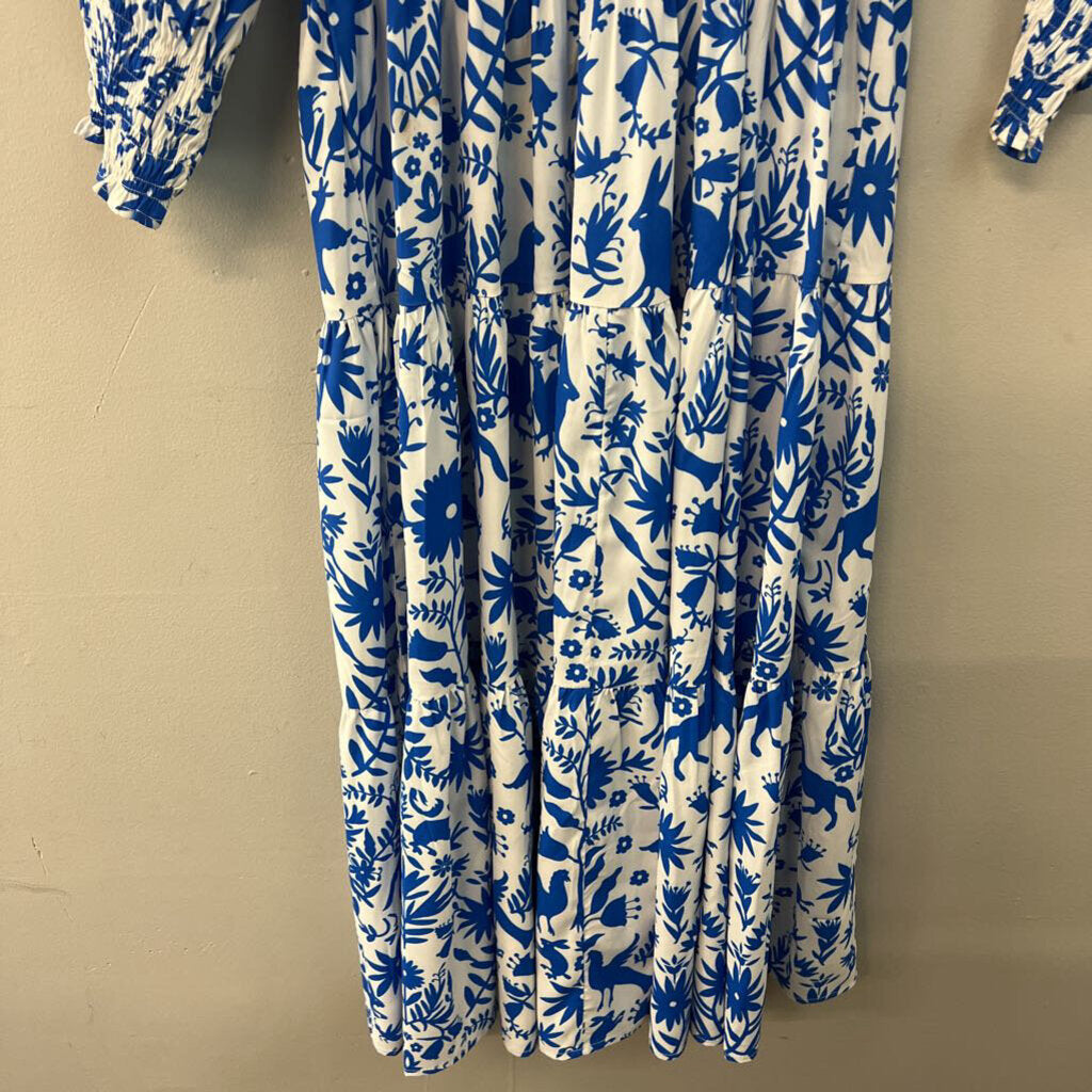 Wayward Fancies White/ Blue Print Long Sleeve Midi Dress Medium