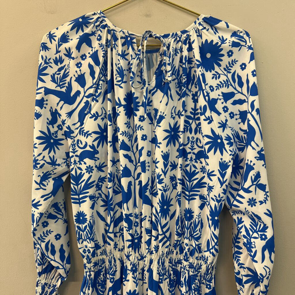 Wayward Fancies White/ Blue Print Long Sleeve Midi Dress Medium
