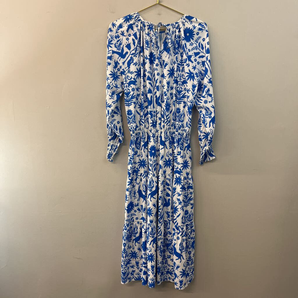 Wayward Fancies White/ Blue Print Long Sleeve Midi Dress Medium
