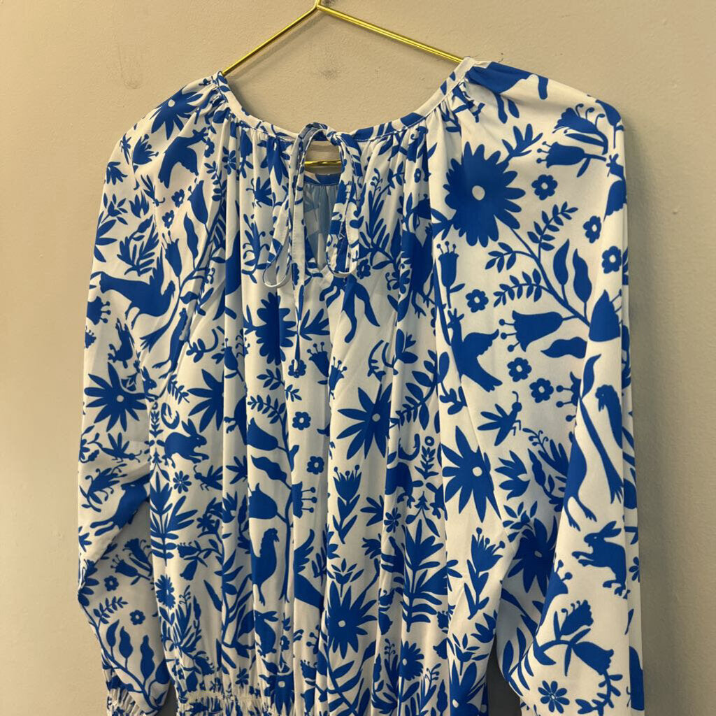 Wayward Fancies White/ Blue Print Long Sleeve Midi Dress Medium