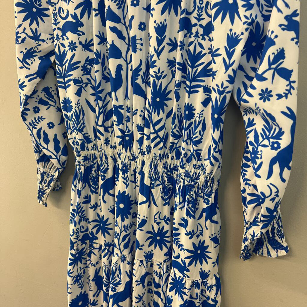Wayward Fancies White/ Blue Print Long Sleeve Midi Dress Medium