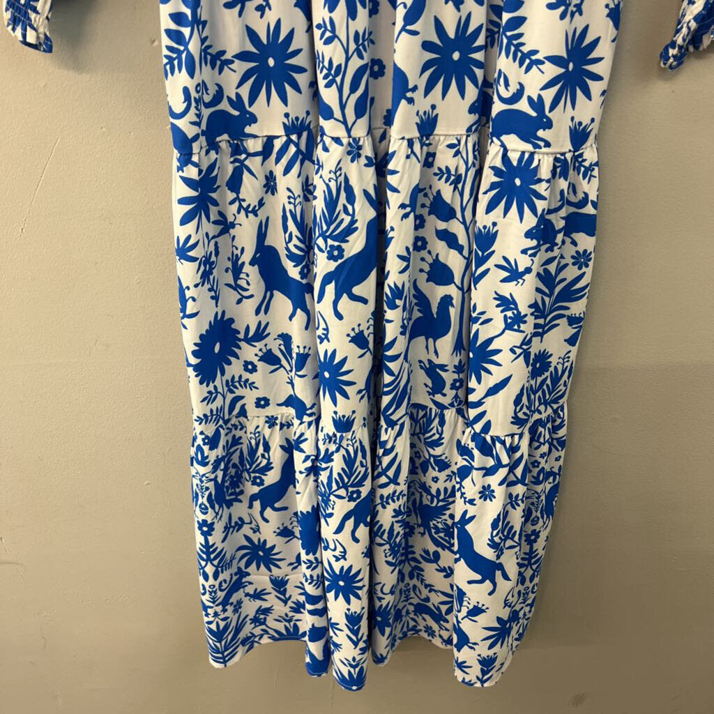 Wayward Fancies White/ Blue Print Long Sleeve Midi Dress Medium