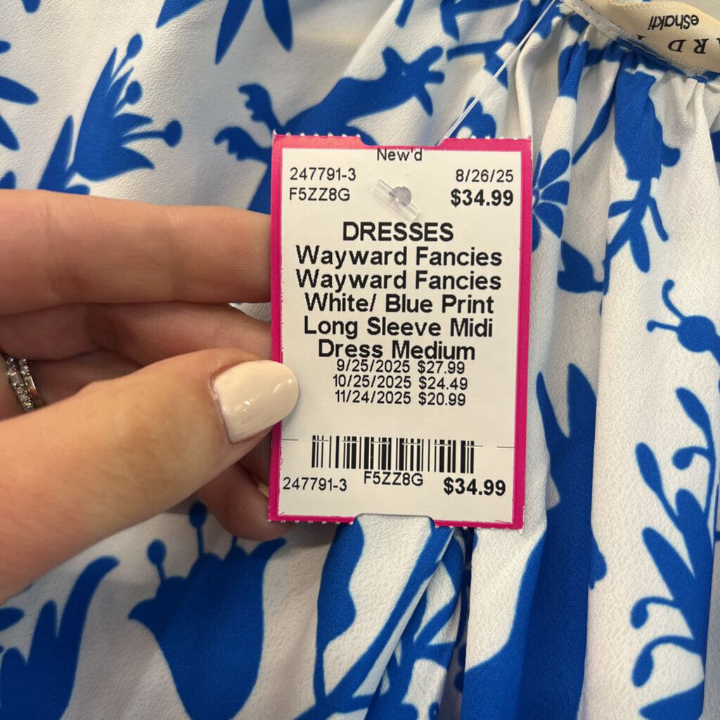 Wayward Fancies White/ Blue Print Long Sleeve Midi Dress Medium
