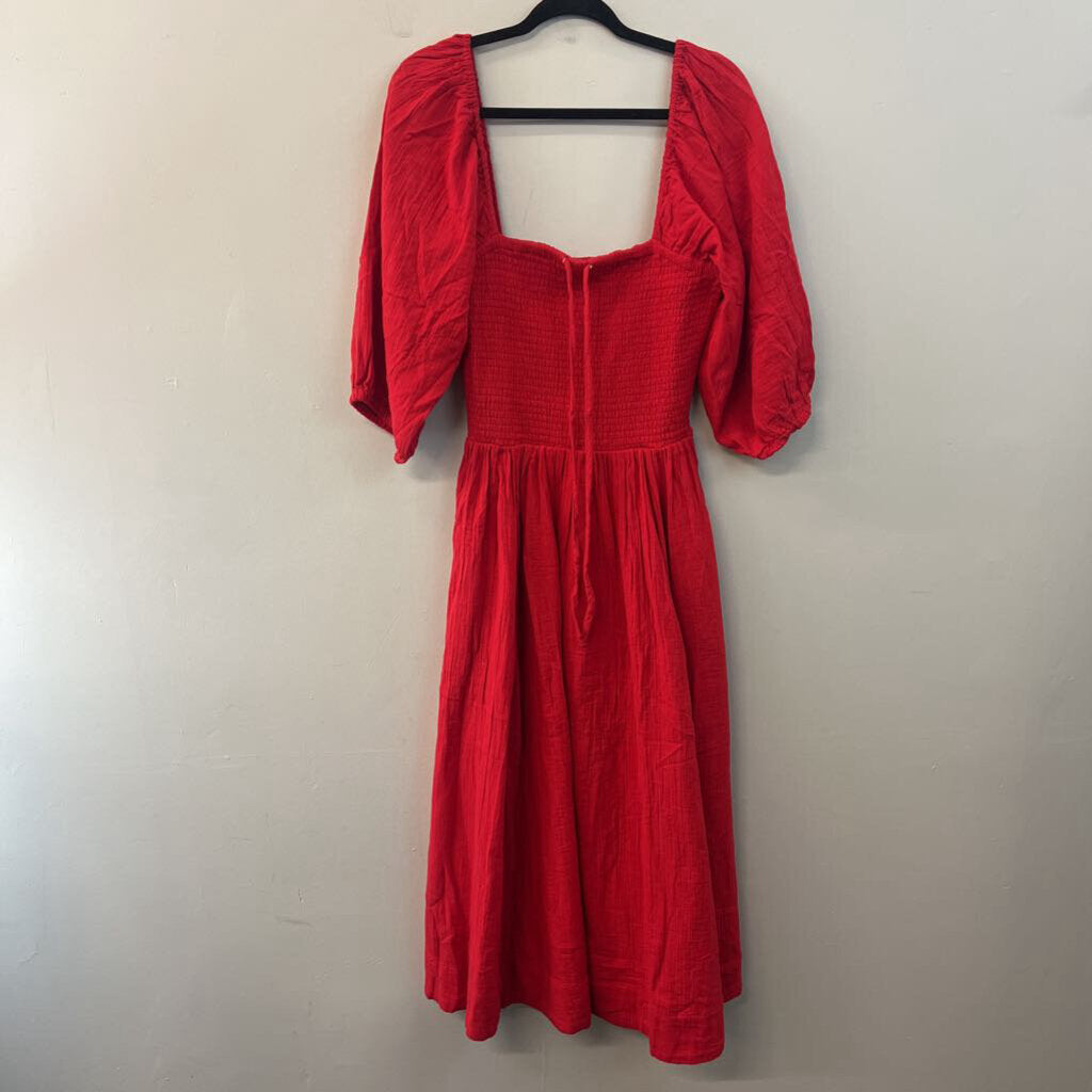 Quince Red Puff Sleeve Smocked Top Maxi Dress Medium