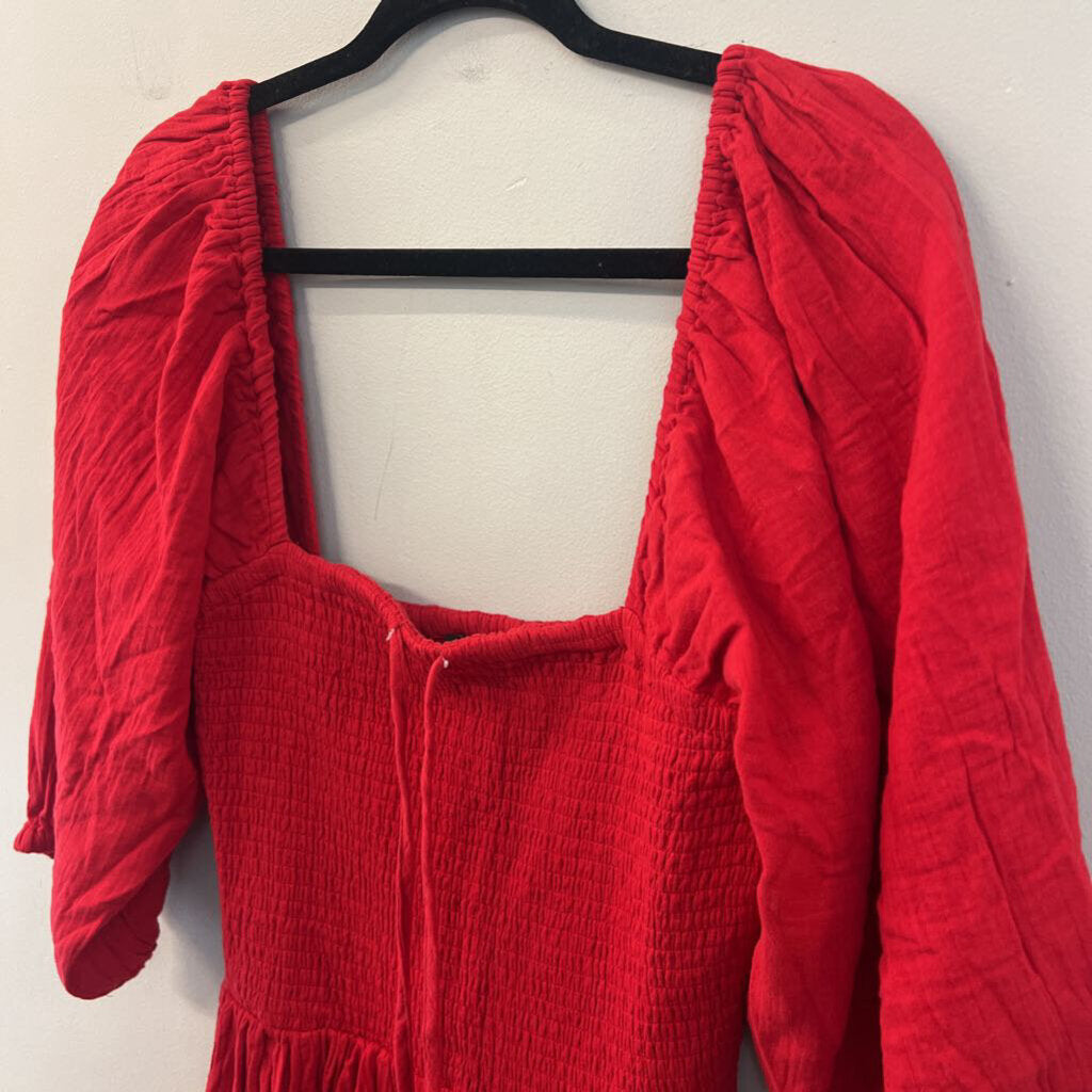 Quince Red Puff Sleeve Smocked Top Maxi Dress Medium