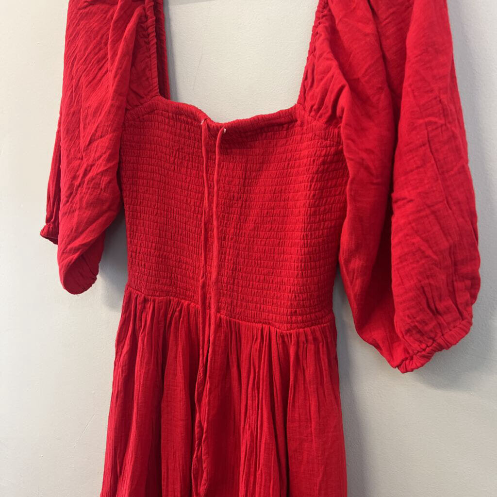 Quince Red Puff Sleeve Smocked Top Maxi Dress Medium