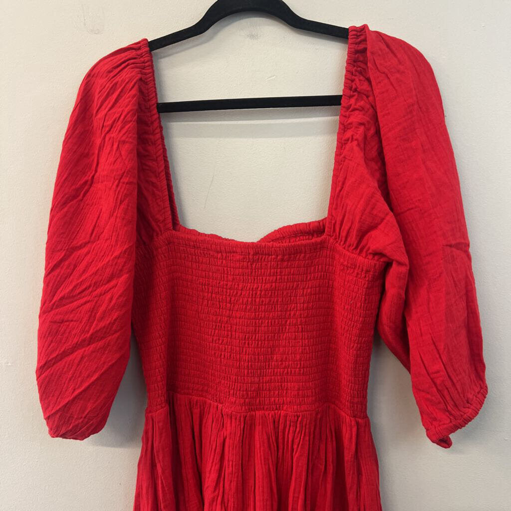 Quince Red Puff Sleeve Smocked Top Maxi Dress Medium