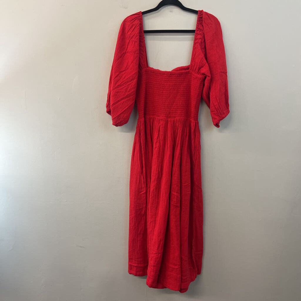 Quince Red Puff Sleeve Smocked Top Maxi Dress Medium