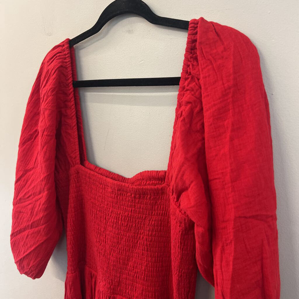 Quince Red Puff Sleeve Smocked Top Maxi Dress Medium