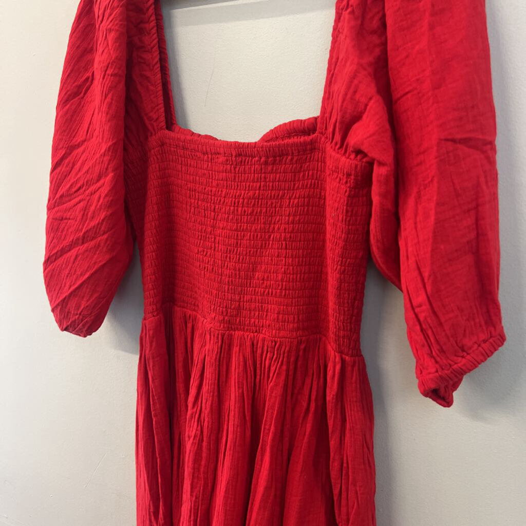 Quince Red Puff Sleeve Smocked Top Maxi Dress Medium