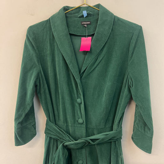 J Peterman Green Corduroy Long Sleeve Belt Waist Button Down Midi Dress 10