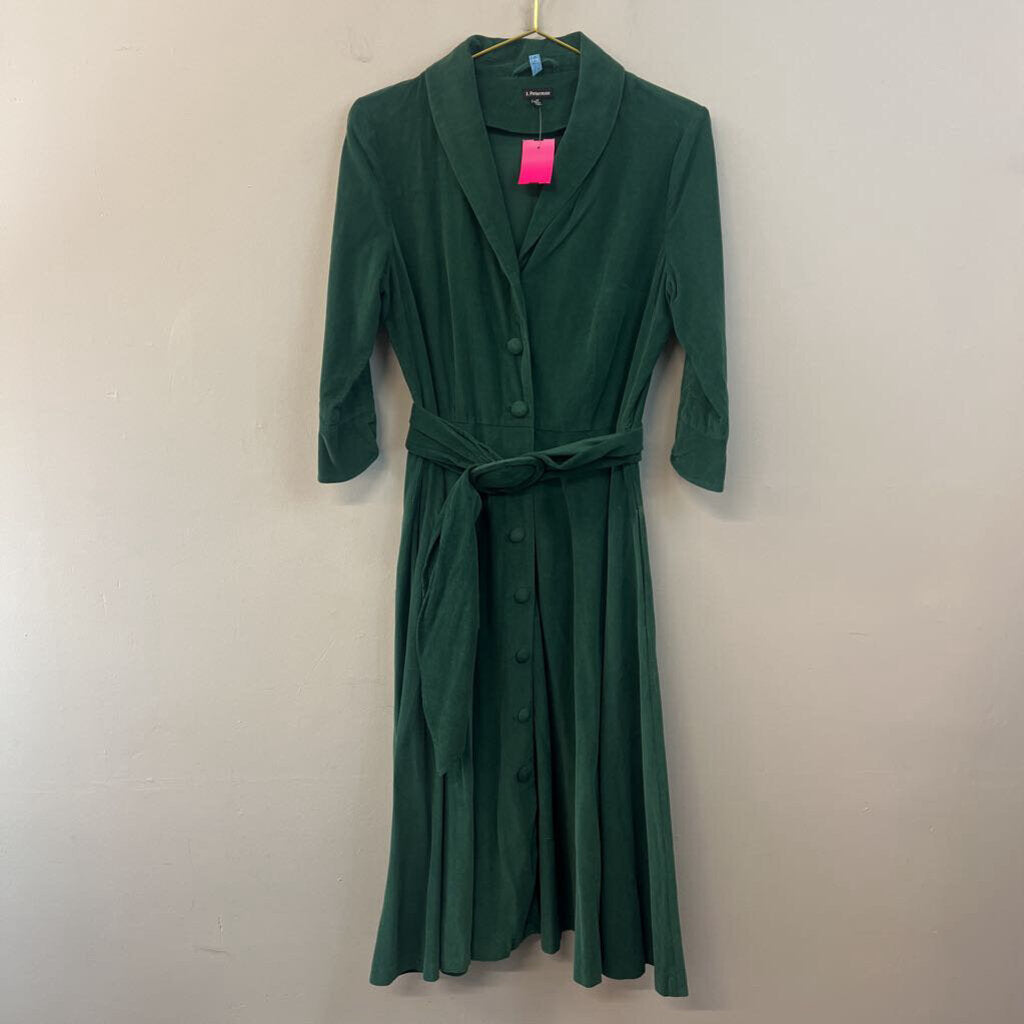 J Peterman Green Corduroy Long Sleeve Belt Waist Button Down Midi Dress 10