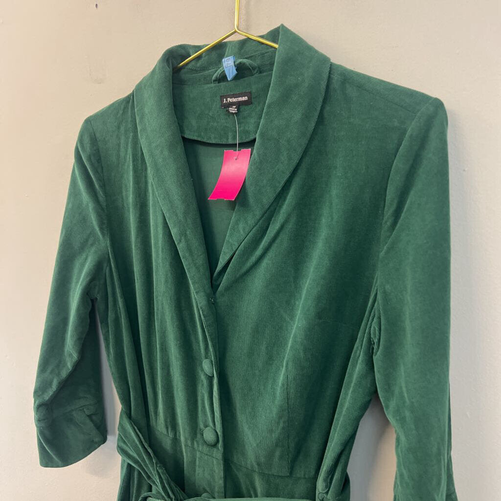 J Peterman Green Corduroy Long Sleeve Belt Waist Button Down Midi Dress 10