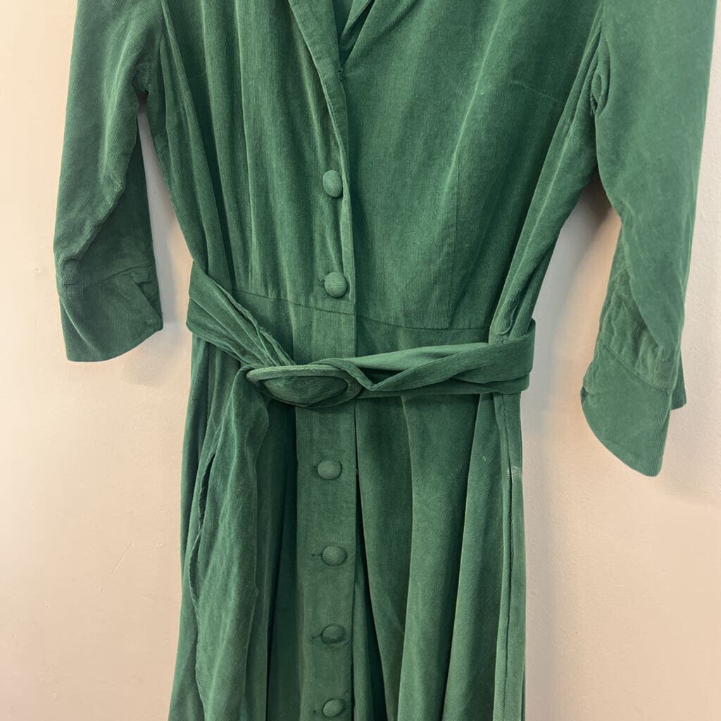 J Peterman Green Corduroy Long Sleeve Belt Waist Button Down Midi Dress 10