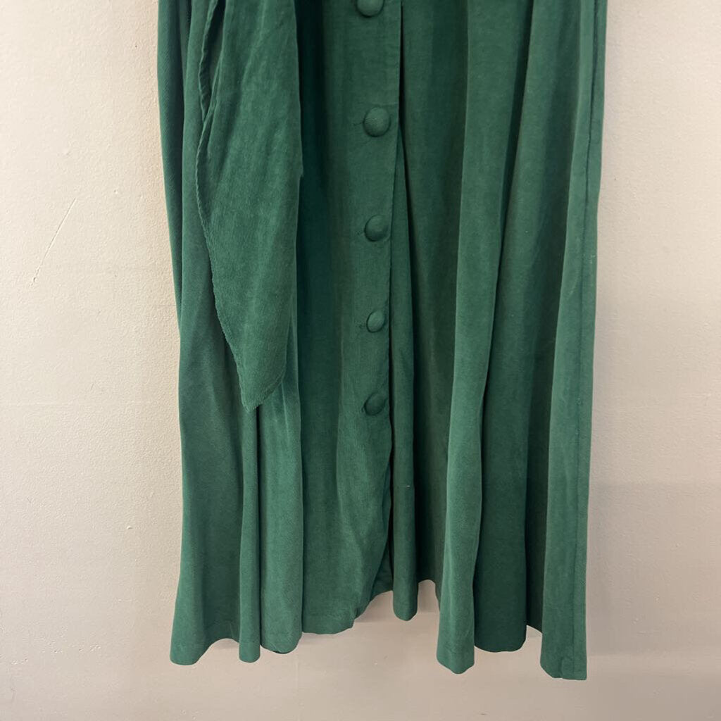 J Peterman Green Corduroy Long Sleeve Belt Waist Button Down Midi Dress 10