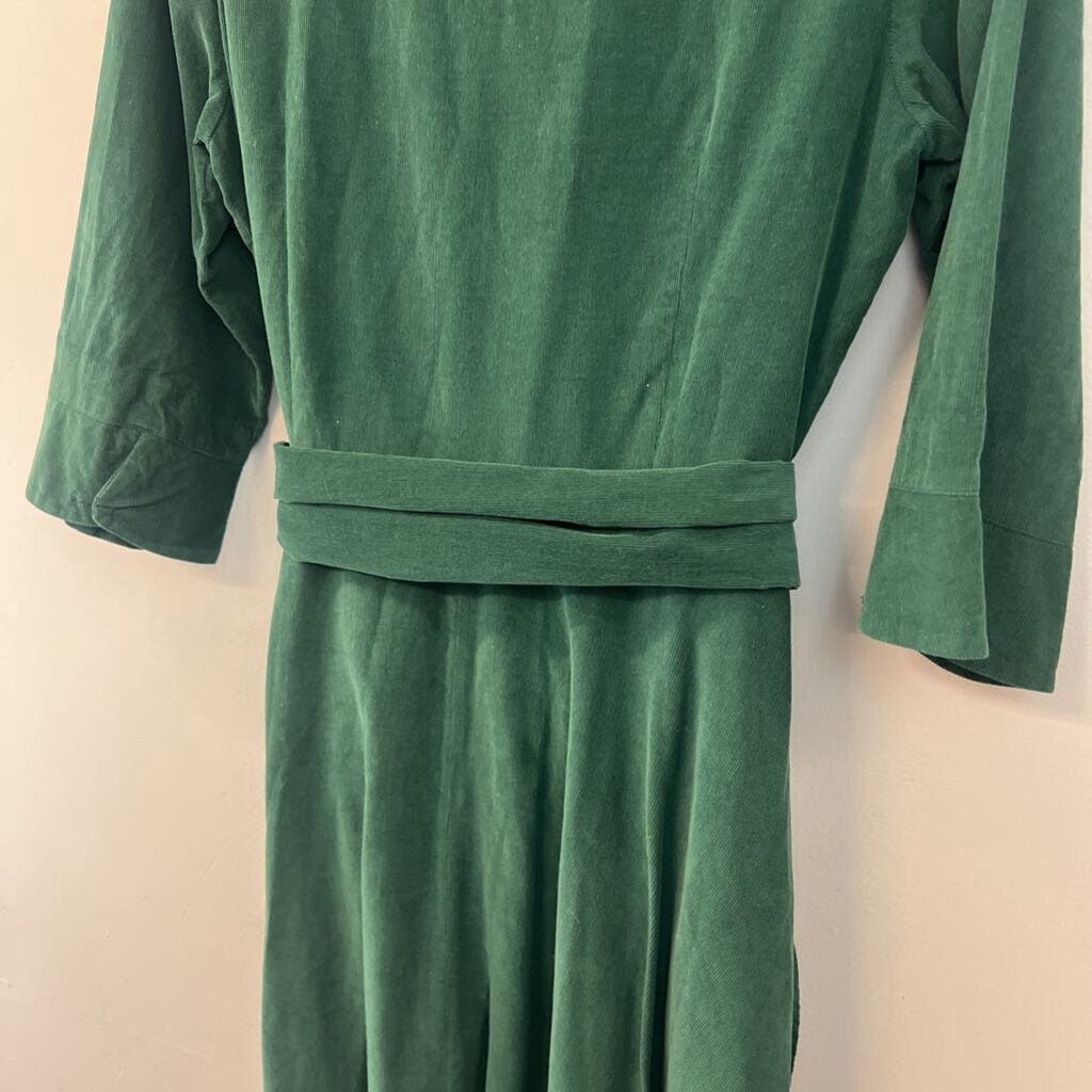J Peterman Green Corduroy Long Sleeve Belt Waist Button Down Midi Dress 10