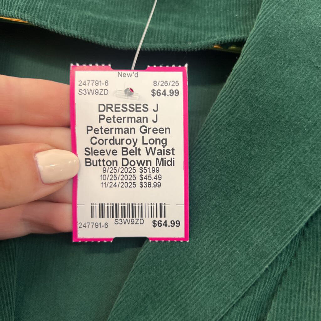 J Peterman Green Corduroy Long Sleeve Belt Waist Button Down Midi Dress 10